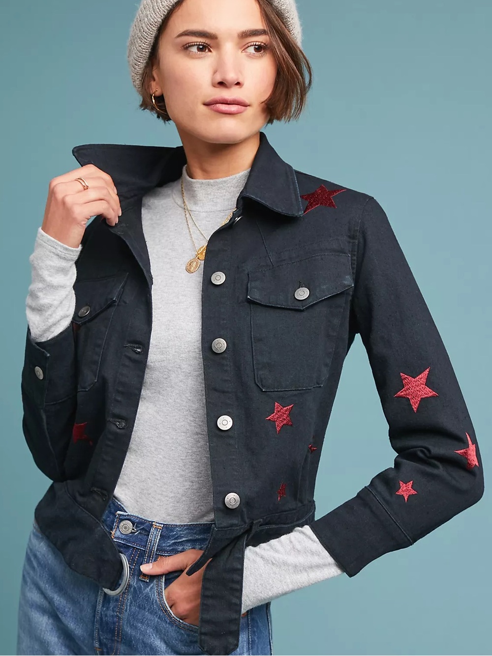 M.I.H JEANS Star Denim Jacket with Red Star Embroidery